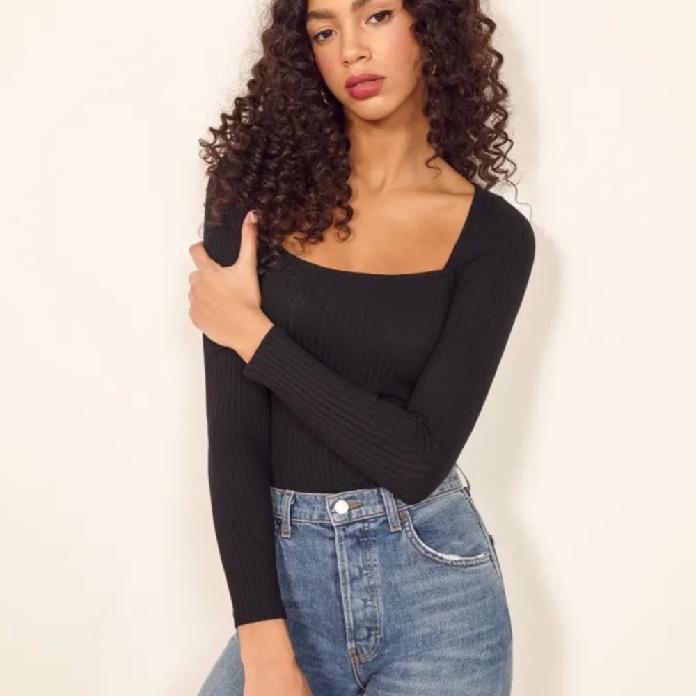 Reformation Bethany Ribbed Long Sleeve Top Black